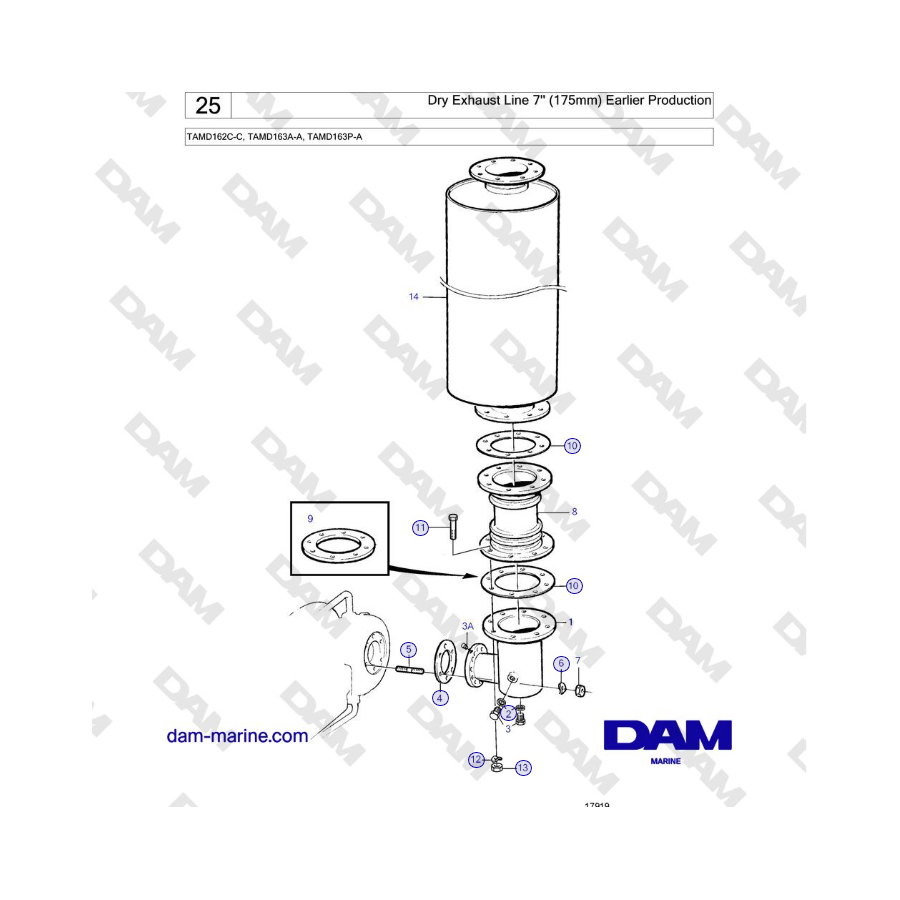 Volvo Penta TAMD162C-C, TAMD163A-A, TAMD163P-A - Línea de escape seca de 7'' (175 mm) Producción anterior