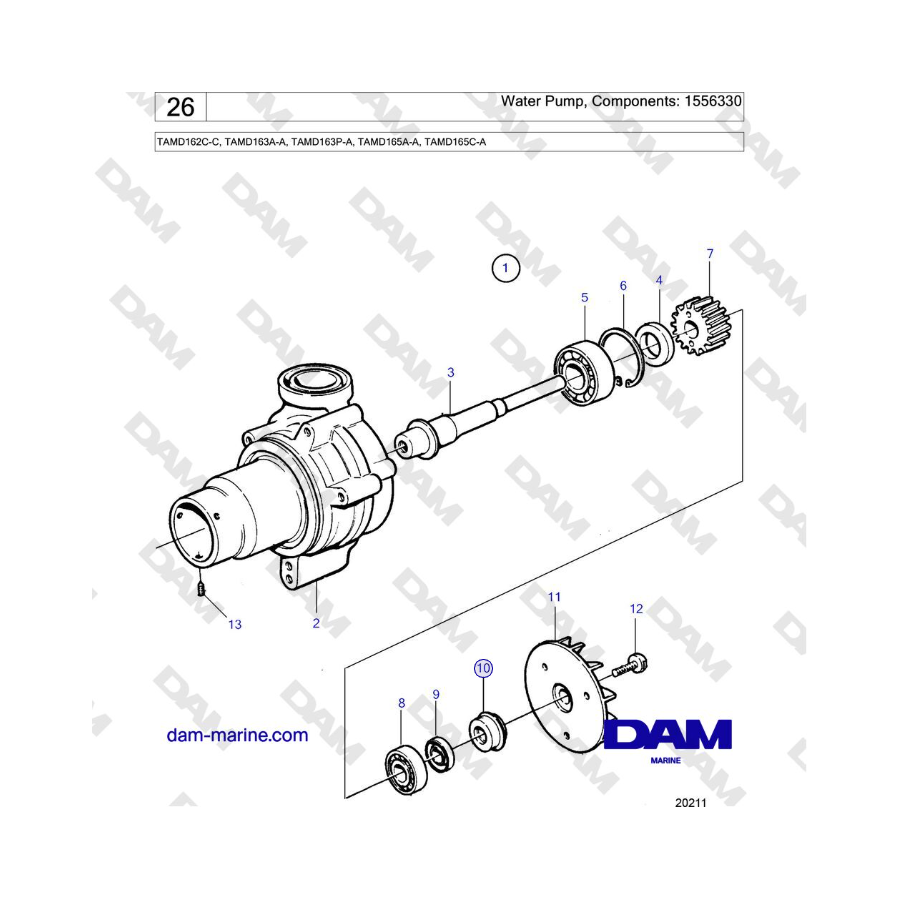 Volvo Penta TAMD162C-C, TAMD163A-A, TAMD163P-A, TAMD165A-A, TAMD165C-A - Bomba de agua, Componentes: 1556330