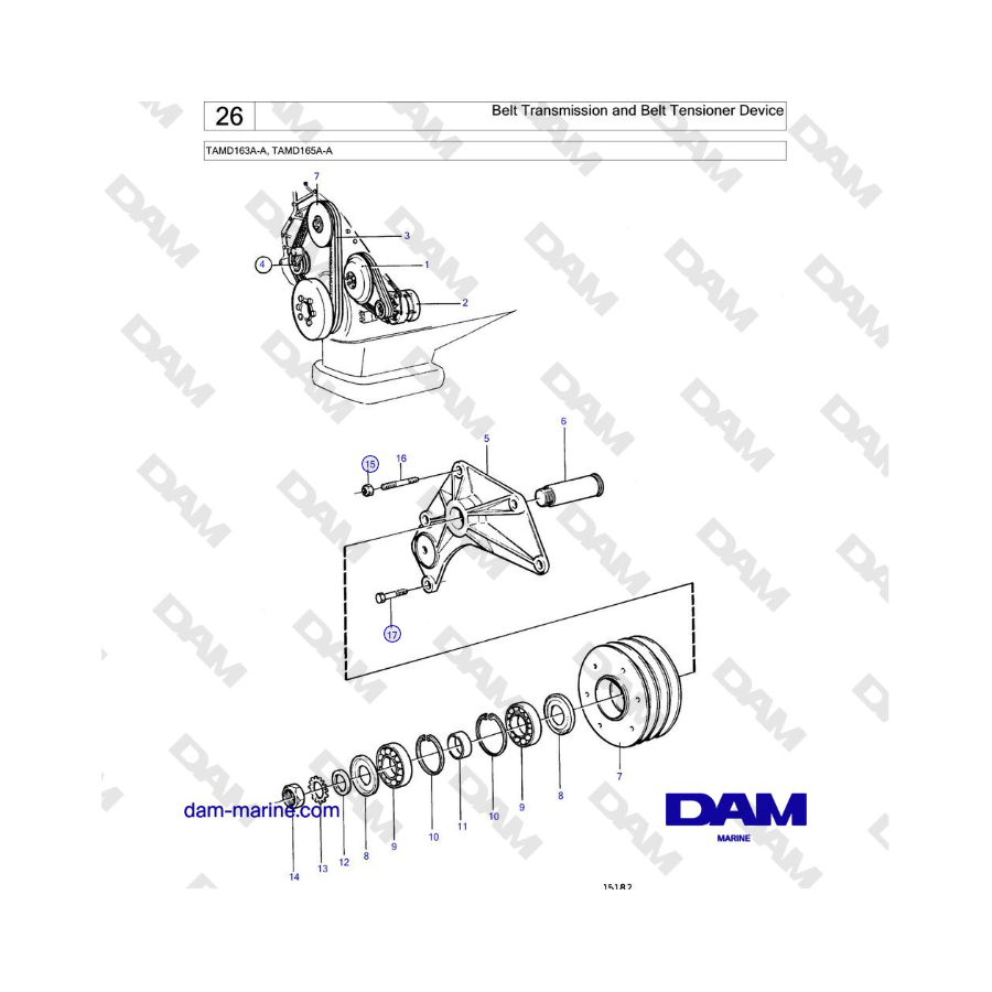 Volvo Penta TAMD163A-A, TAMD165A-A - Transmisión por correa y dispositivo tensor de correa