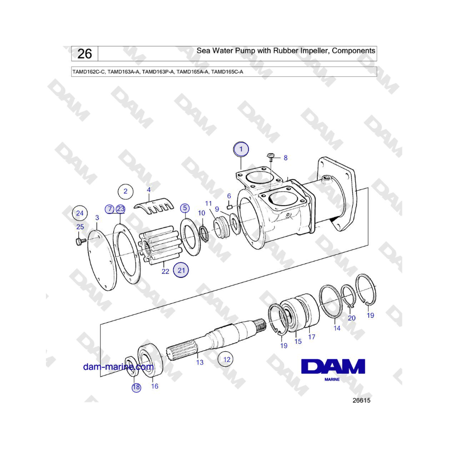Volvo Penta TAMD162C-C, TAMD163A-A, TAMD163P-A, TAMD165A-A, TAMD165C-A - Bomba de agua de mar con impulsor de caucho, componente