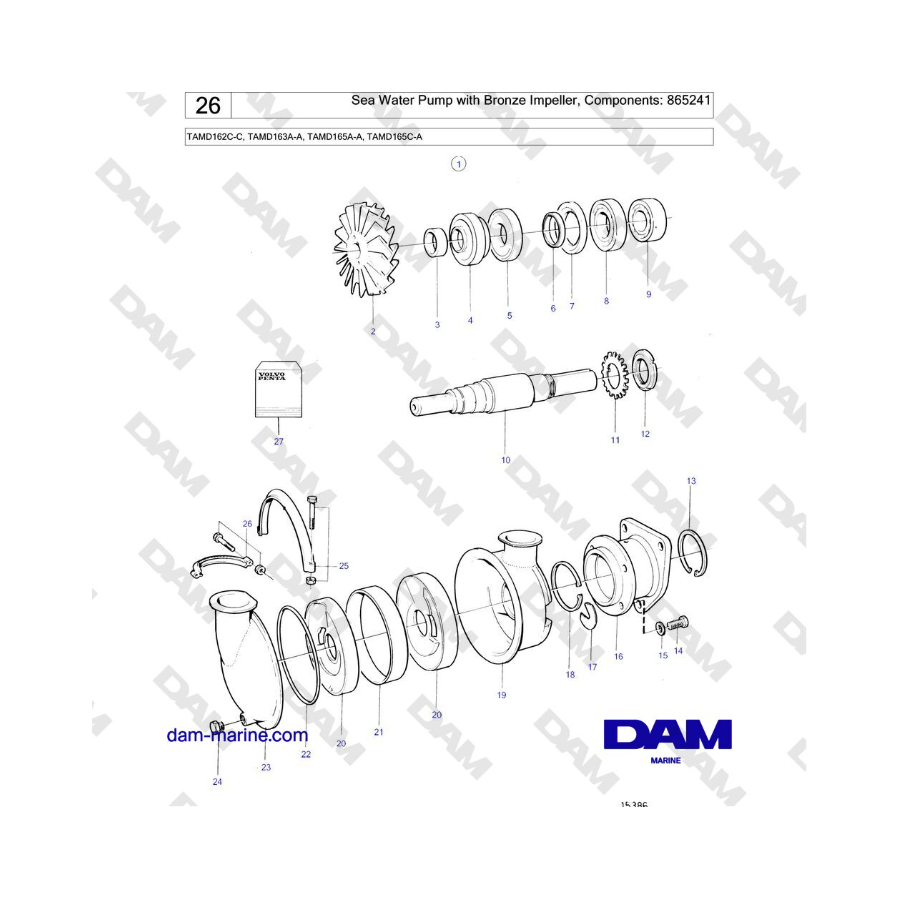 Volvo Penta TAMD162C-C, TAMD163A-A, TAMD165A-A, TAMD165C-A - Bomba de agua de mar con impulsor de bronce, componentes