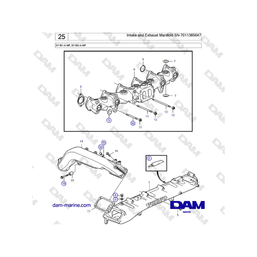Volvo Penta D11B1-A MP, D11B2-A MP - Colector de admisión y escape SN-7011385647