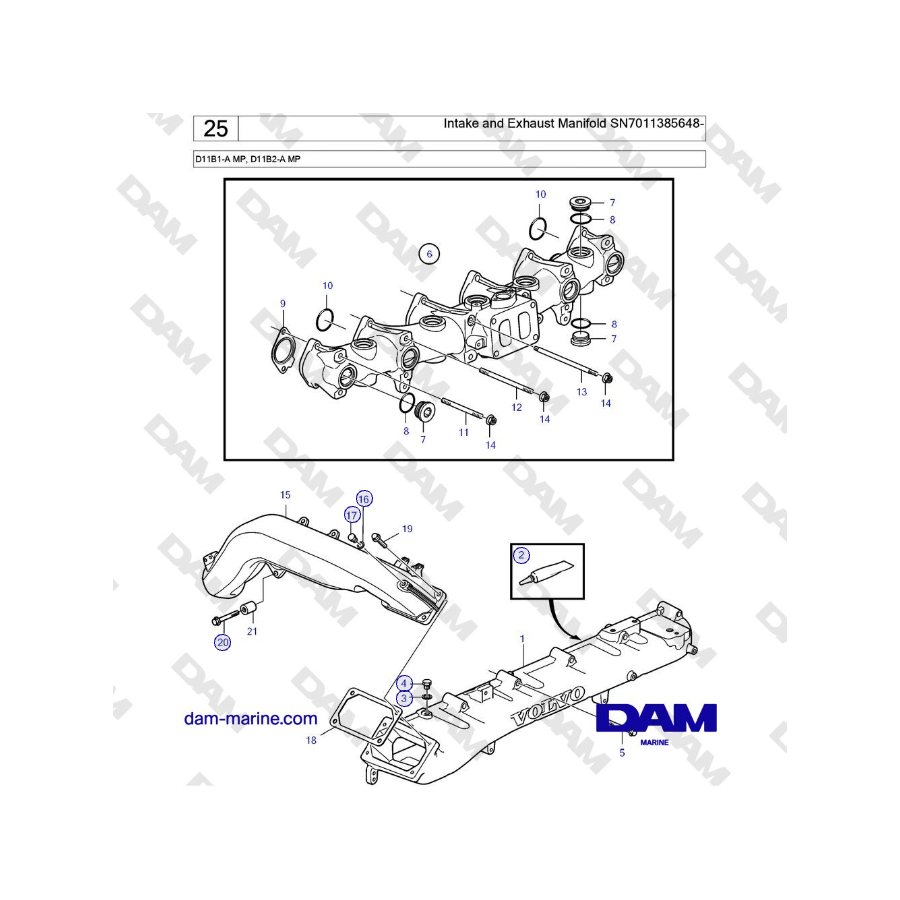 Volvo Penta D11B1-A MP, D11B2-A MP - Colector de admisión y escape SN7011385648-