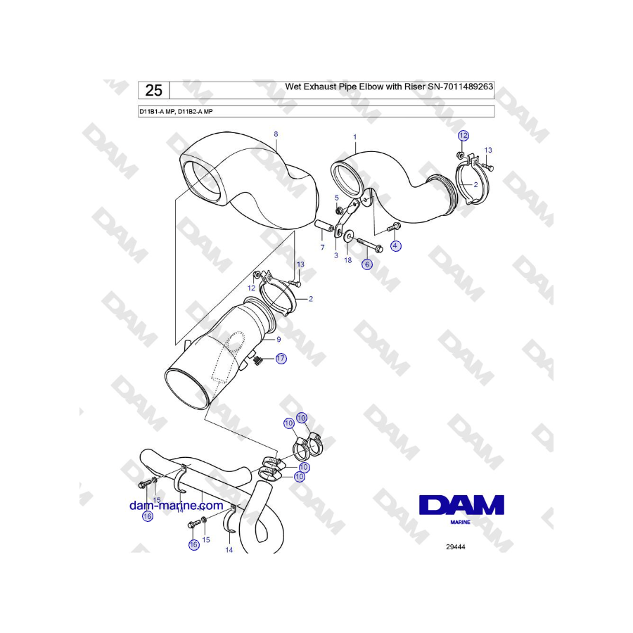 Volvo Penta D11B1-A MP, D11B2-A MP - Codo de tubo de escape húmedo con tubo ascendente SN-7011489263