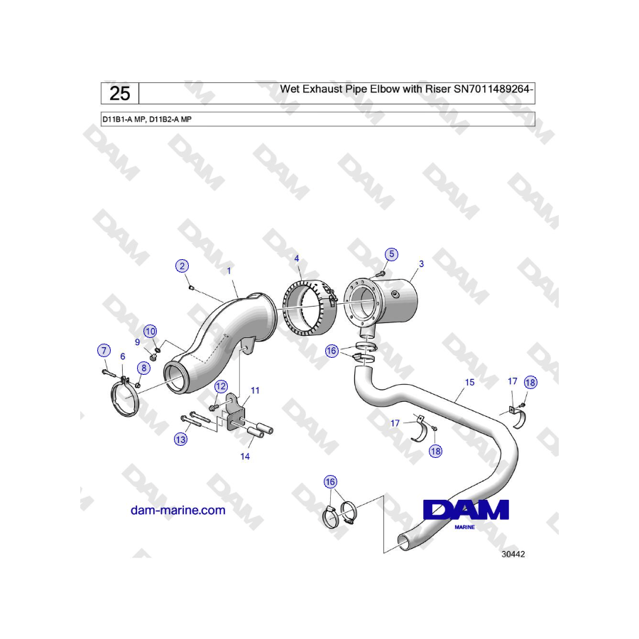 Volvo Penta D11B1-A MP, D11B2-A MP - Codo de tubo de escape húmedo con tubo ascendente SN7011489264-