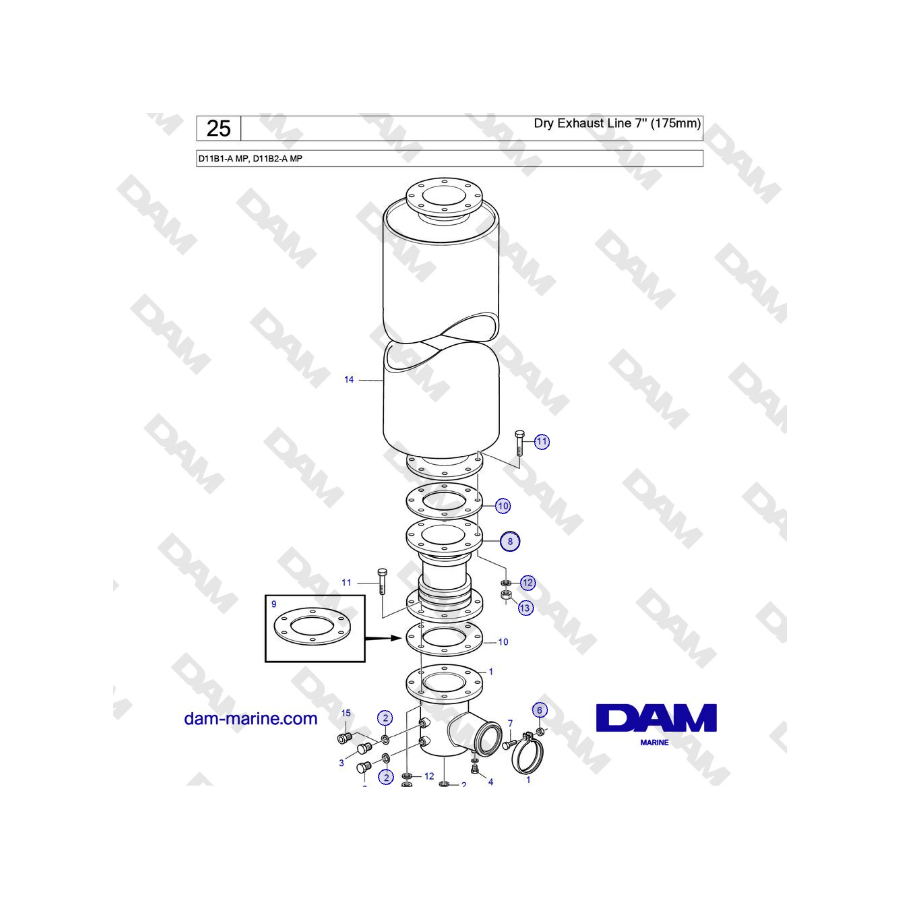 Volvo Penta D11B1-A MP, D11B2-A MP - Línea de escape seca de 7'' (175 mm)