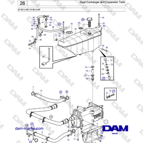 Volvo Penta D11B1-A MP, D11B2-A MP - Heat Exchanger and Expansion Tank