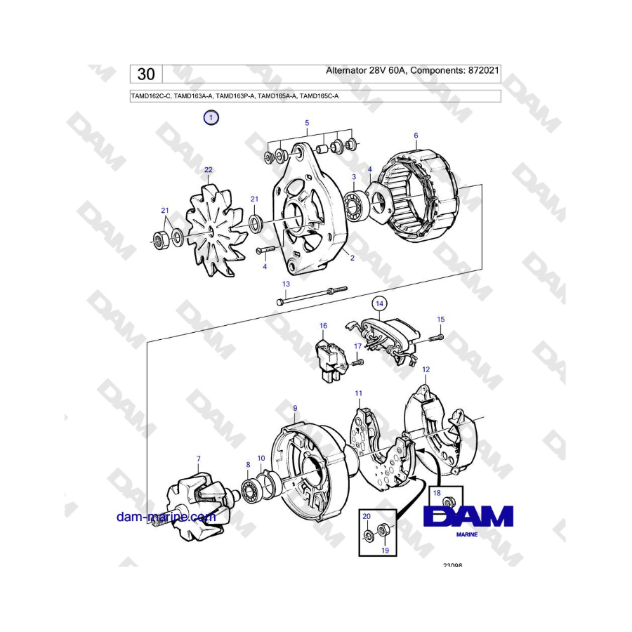 Volvo Penta TAMD162C-C, TAMD163A-A, TAMD163P-A, TAMD165A-A, TAMD165C-A - Alternador 28V 60A, Componentes