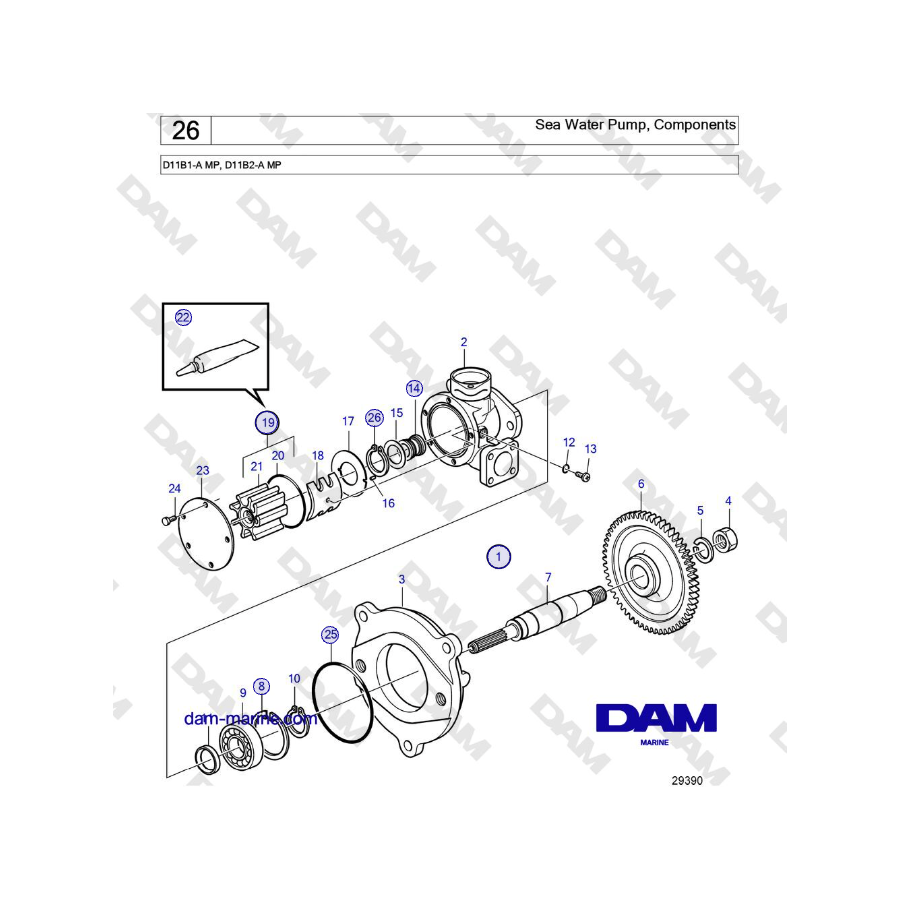 Volvo Penta D11B1-A MP, D11B2-A MP - Bomba de agua de mar, componentes