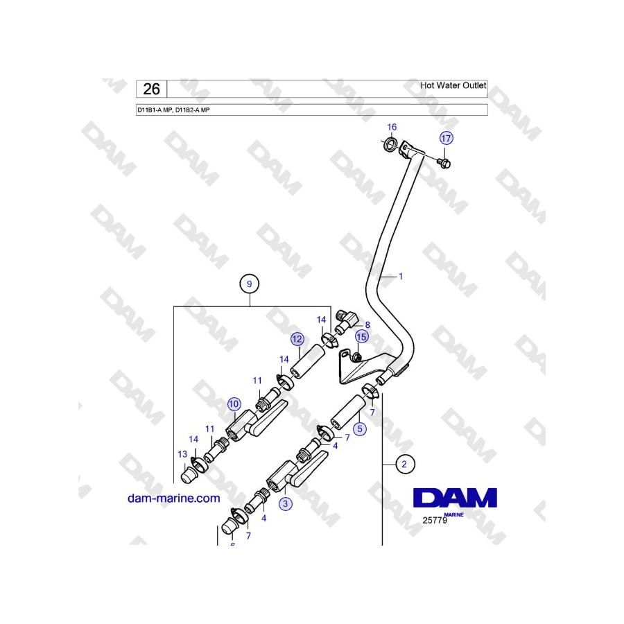 Volvo Penta D11B1-A MP, D11B2-A MP - Salida de agua caliente