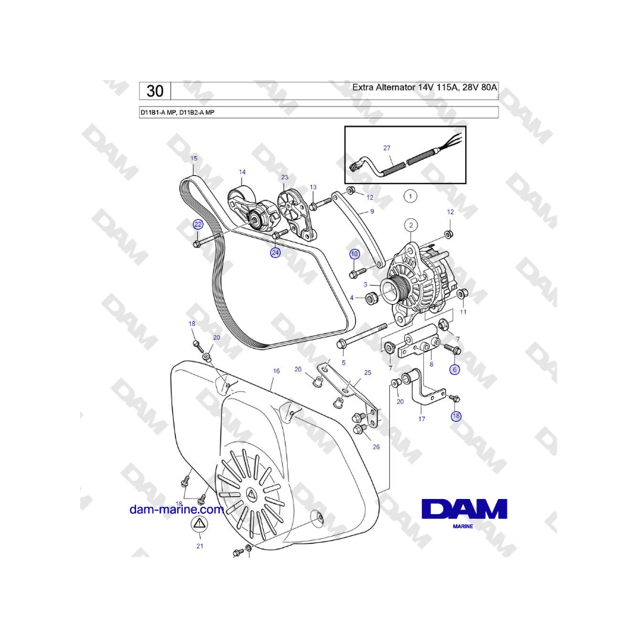 Volvo Penta D11B1-A MP, D11B2-A MP - Alternador adicional 14 V 115 A, 28 V 80 A