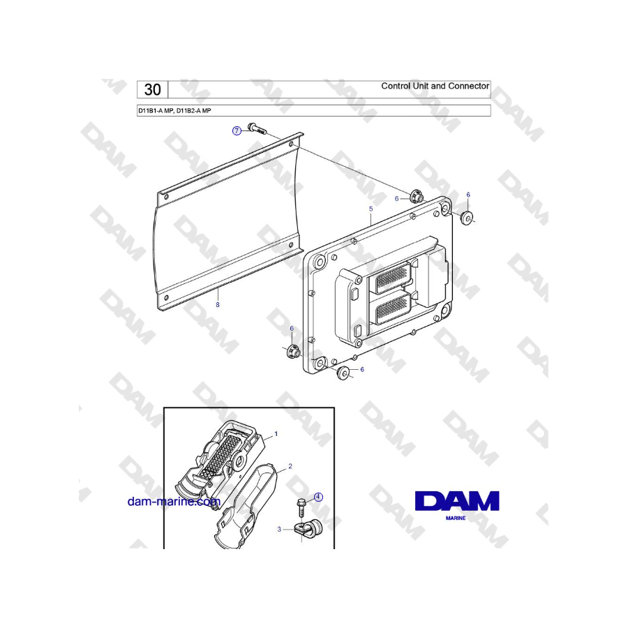 Volvo Penta D11B1-A MP, D11B2-A MP - Unidad de control y conector