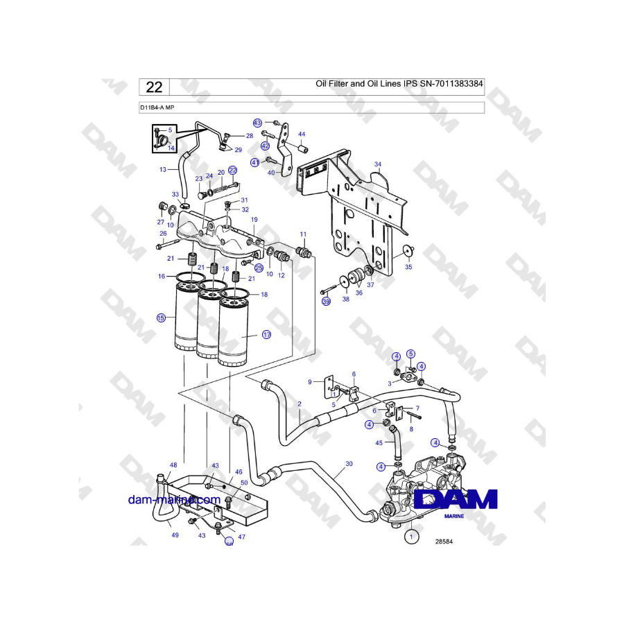 Volvo Penta D11B4-A MP - Filtro de aceite y conductos de aceite IPS SN-7011383384
