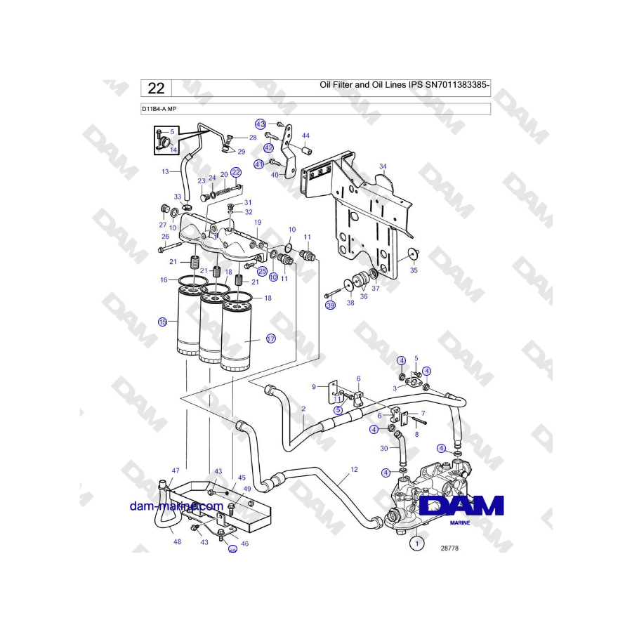 Volvo Penta D11B4-A MP - Filtro de aceite y conductos de aceite IPS SN7011383385-