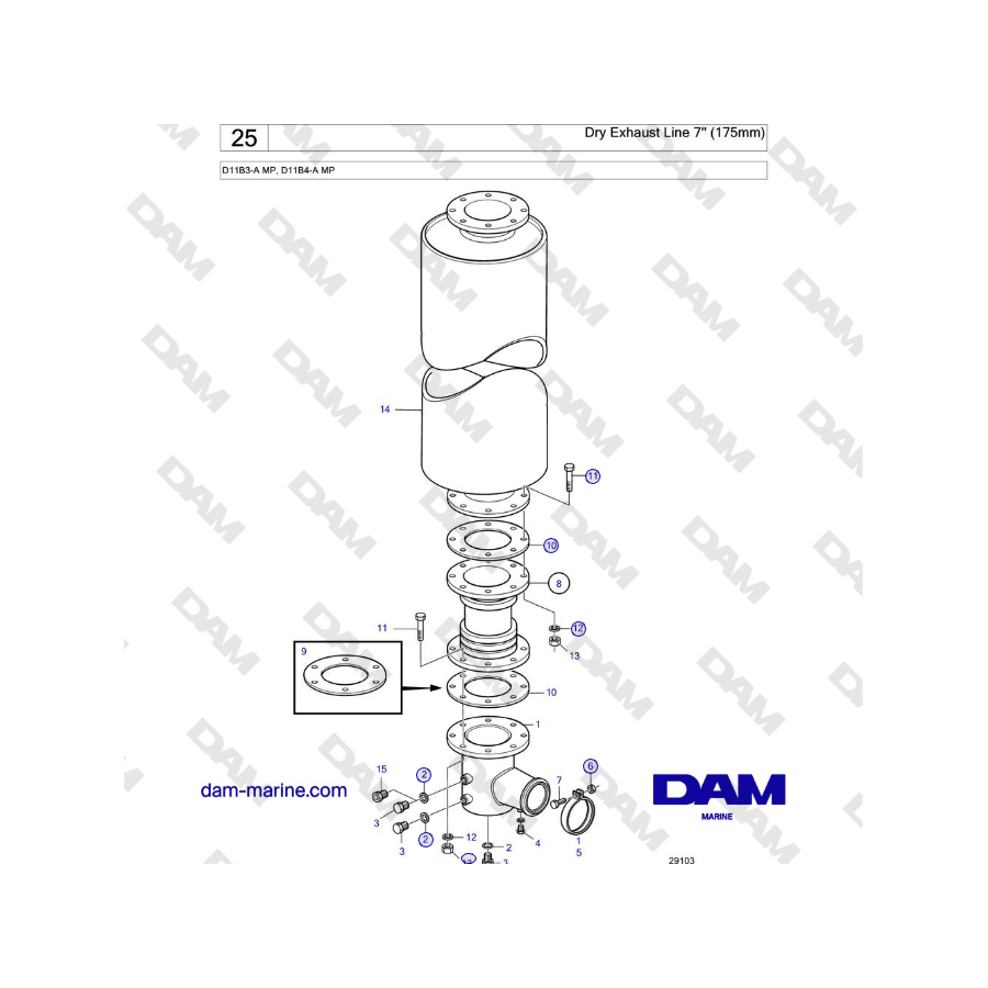 Volvo Penta D11B3-A MP, D11B4-A MP - Linea di scarico a secco 7'' (175 mm)