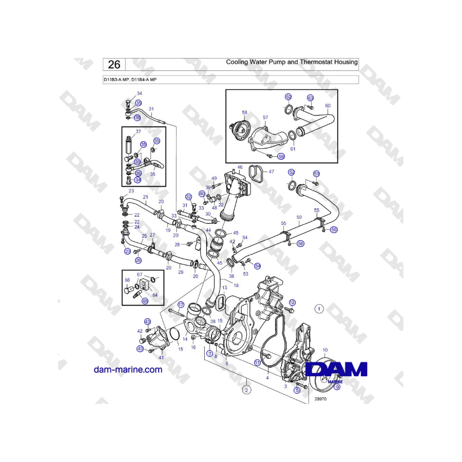 Volvo Penta D11B3-A MP, D11B4-A MP - Cooling Water Pump and Thermostat Housing
