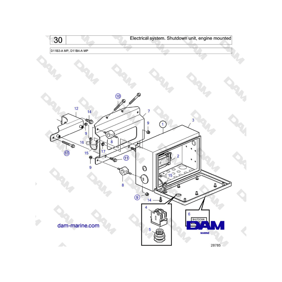 Volvo Penta D11B3-A MP, D11B4-A MP - Sistema eléctrico. Unidad de apagado, montada en el motor