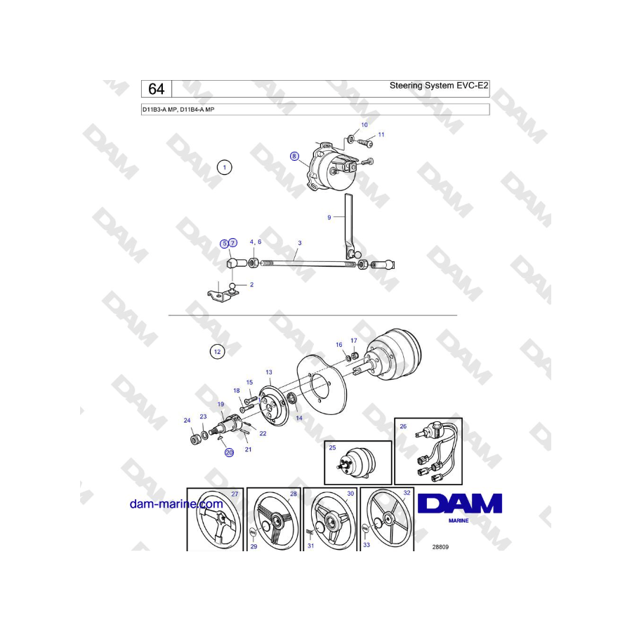 Volvo Penta D11B3-A MP, D11B4-A MP - Sistema de dirección EVC-E2