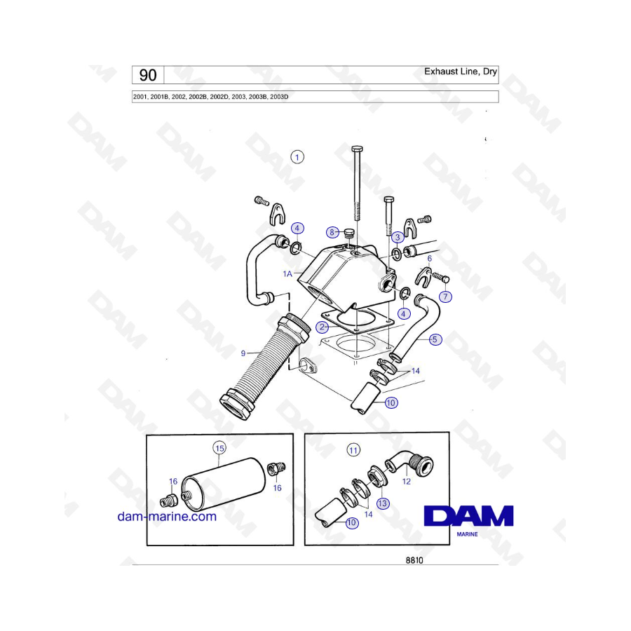 Volvo Penta 2001, 2001B, 2002, 2002B, 2002D, 2003, 2003B, 2003D - Linea di scarico, a secco