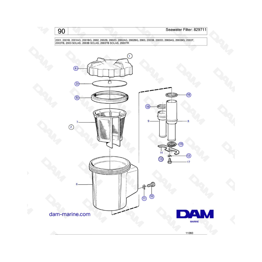 Filtro de agua de mar para Volvo Penta 2001, 2001B, 2002, 2002B, 2003, 2003B, 2003T