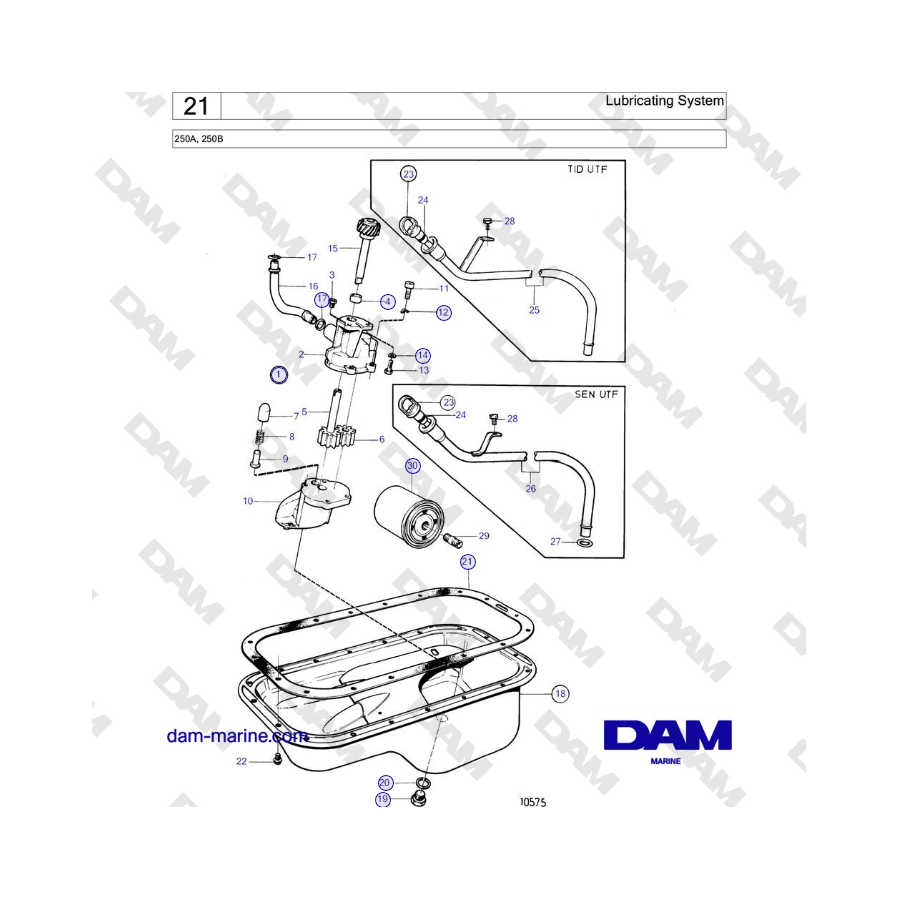 Volvo Penta 250A, 250B - Sistema de lubricación