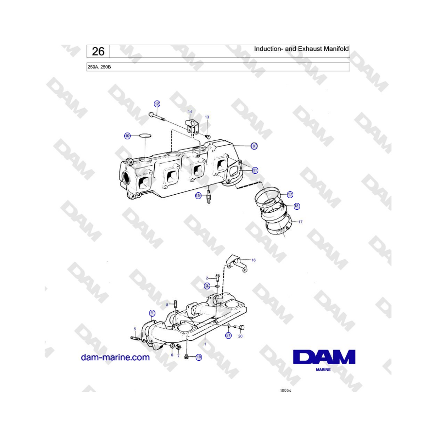 Volvo Penta 250A, 250B - Induction- and Exhaust Manifold