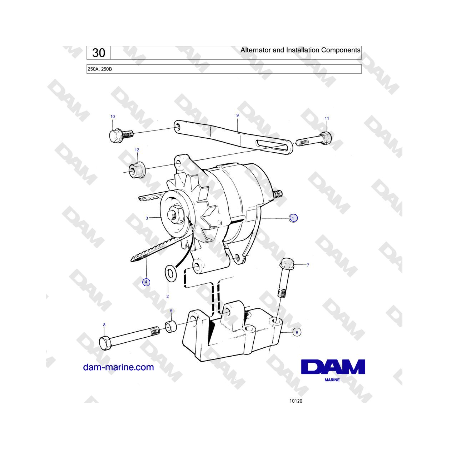 Volvo Penta 250A, 250B - Alternatore e componenti di installazione