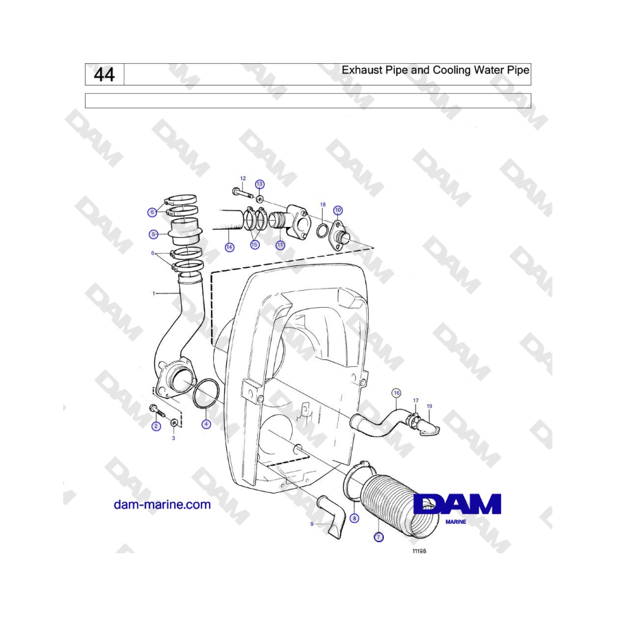 Volvo Penta 230A, 230B, 250A, 250B - Tubo di scarico e tubo dell'acqua di raffreddamento