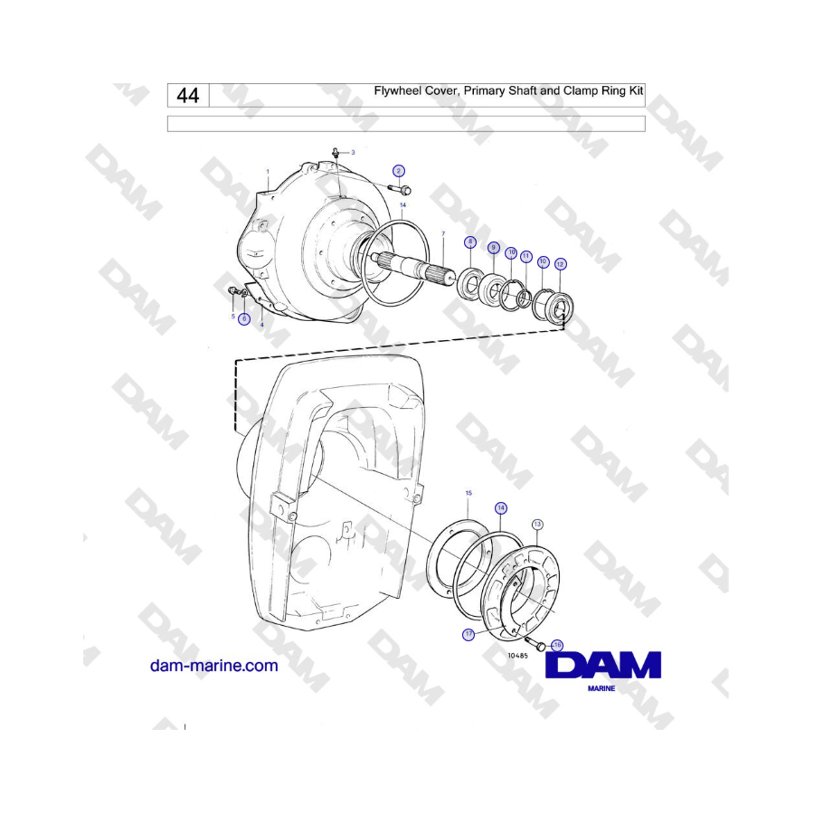 Volvo Penta 230A, 230B, 250A, 250B - Kit coperchio volano, albero primario e anello di serraggio