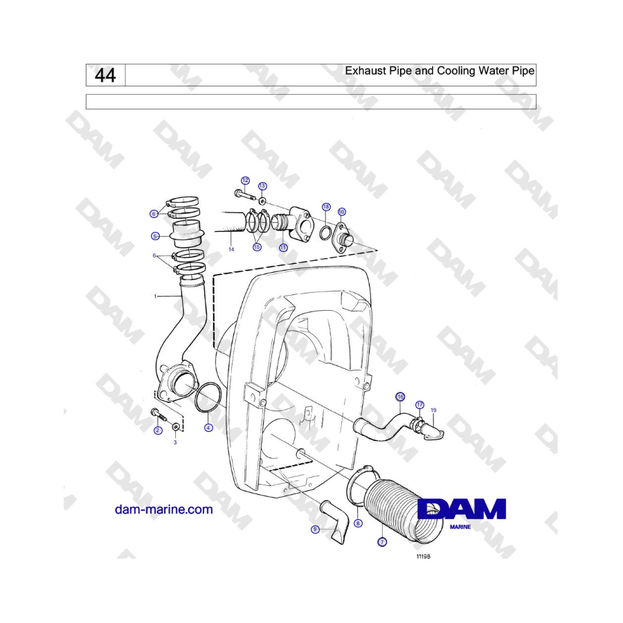 Volvo Penta 230A, 230B, 250A, 250B - Tubo de escape y tubería de agua de refrigeración