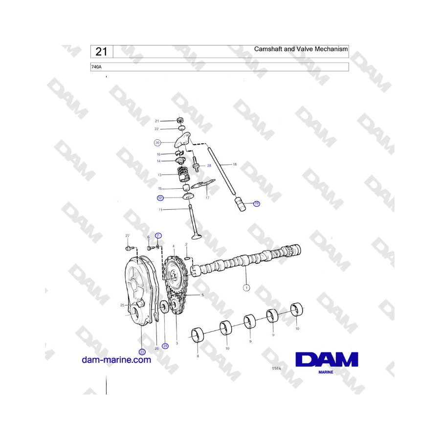 Volvo Penta 740A - Albero a camme e meccanismo valvole