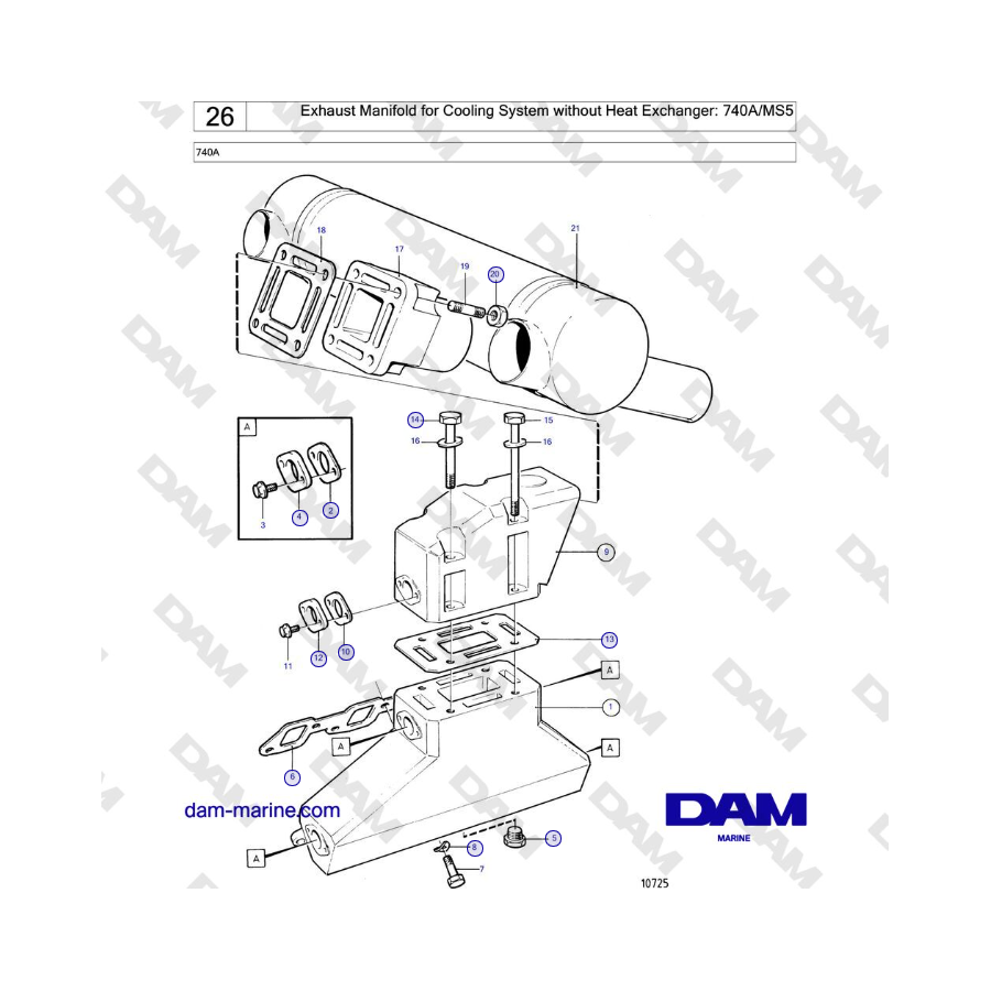 Volvo Penta 740A - Colector de escape para sistema de refrigeración sin intercambiador de calor: 740A/MS5