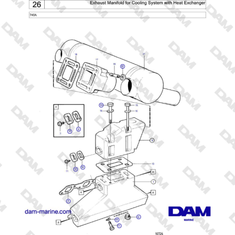 Volvo Penta 740A - Colector de escape para sistema de refrigeración con intercambiador de calor