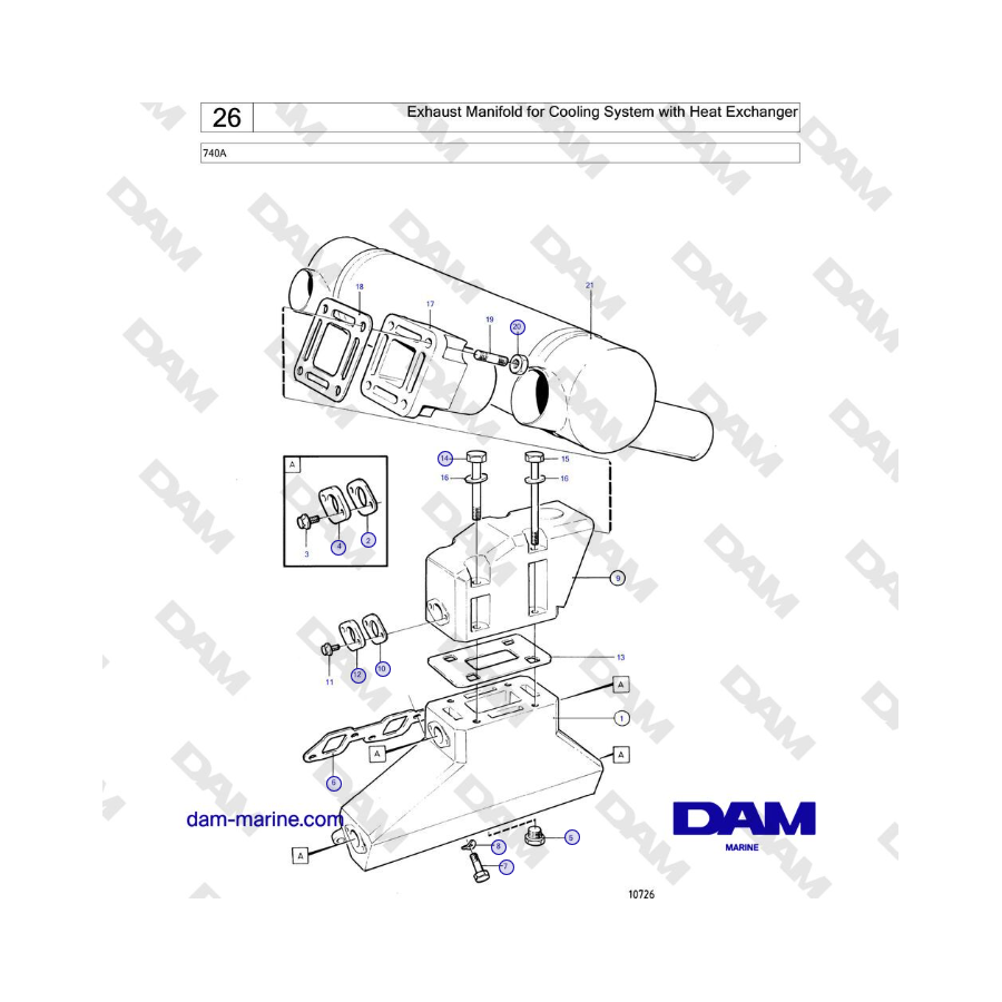 Volvo Penta 740A - Colector de escape para sistema de refrigeración con intercambiador de calor