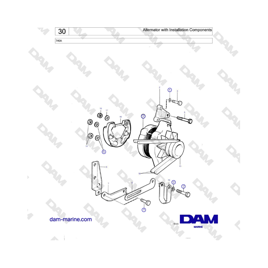 Volvo Penta 740A - Alternatore con componenti di installazione