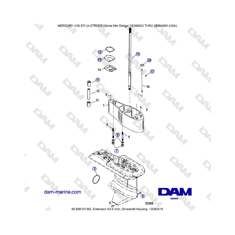 Mercruiser EFI 100 (4 TEMPI) - Kit di estensione - 5 pollici, alloggiamento albero motore 12092A19