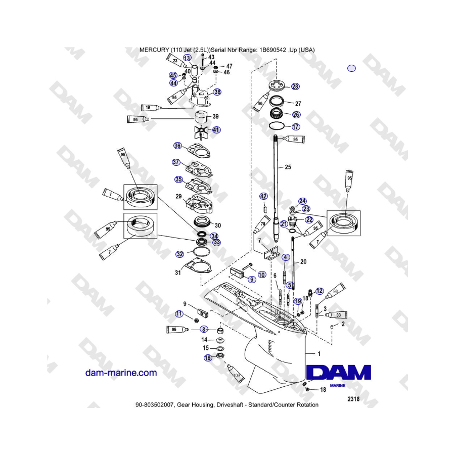 Mercury 110 EFI - Scatola ingranaggi, albero motore - Standard/controrotazione