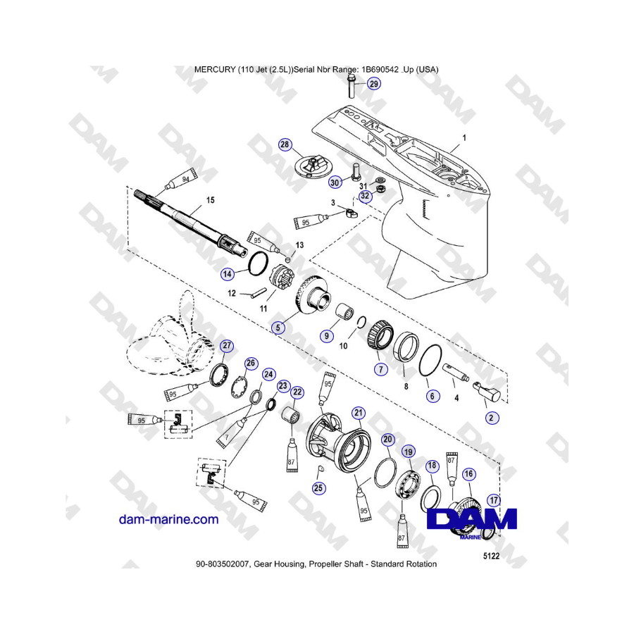 Mercury 110 EFI - Scatola ingranaggi, albero elica - Rotazione standard