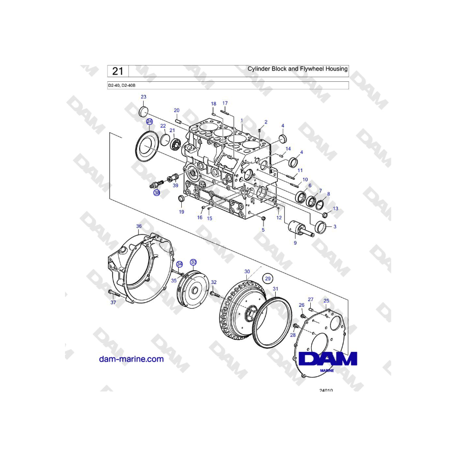 Volvo Penta D2-40, D2-40B - Bloque de cilindros y carcasa del volante