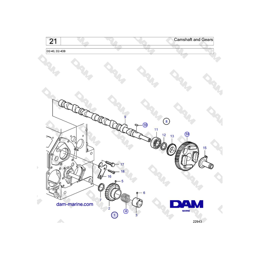 Volvo Penta D2-40, D2-40B - Albero a camme e ingranaggi