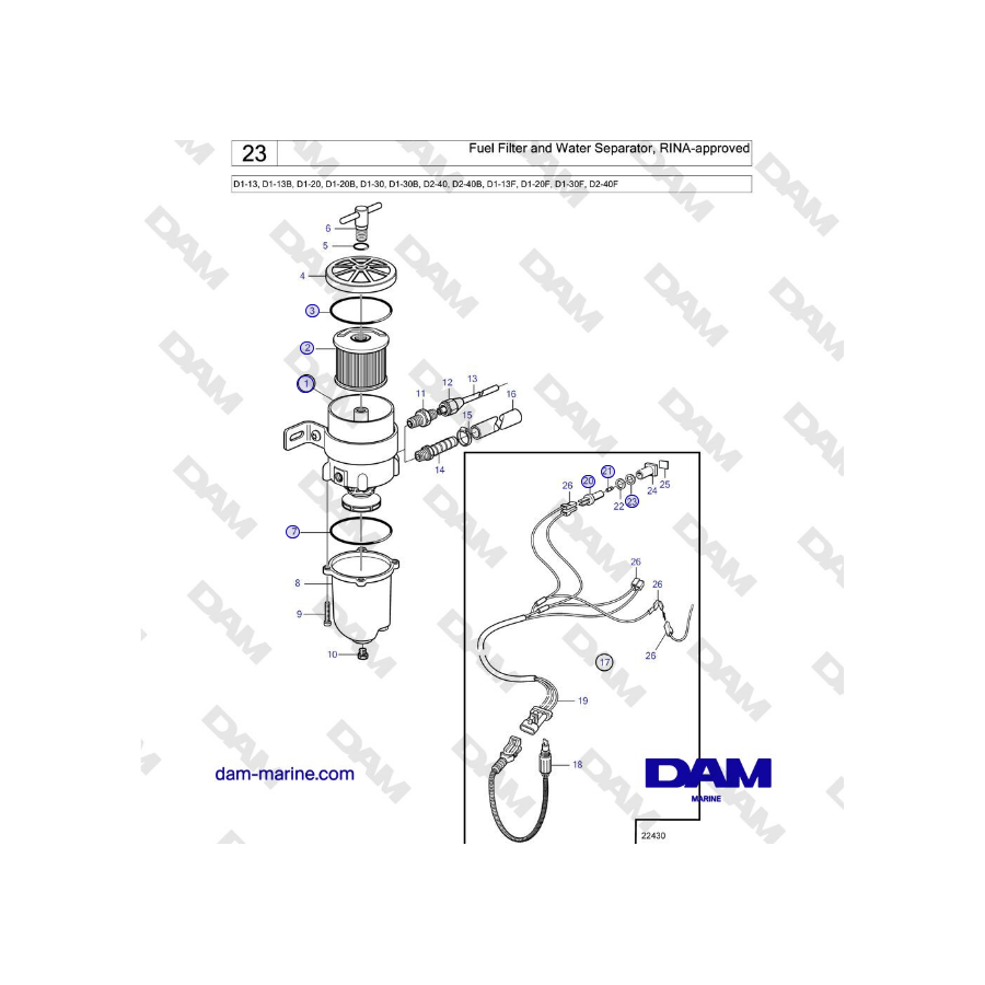 Volvo Penta D2-40, D2-40B, D2-40F - Filtro carburante e separatore acqua, omologati RINA
