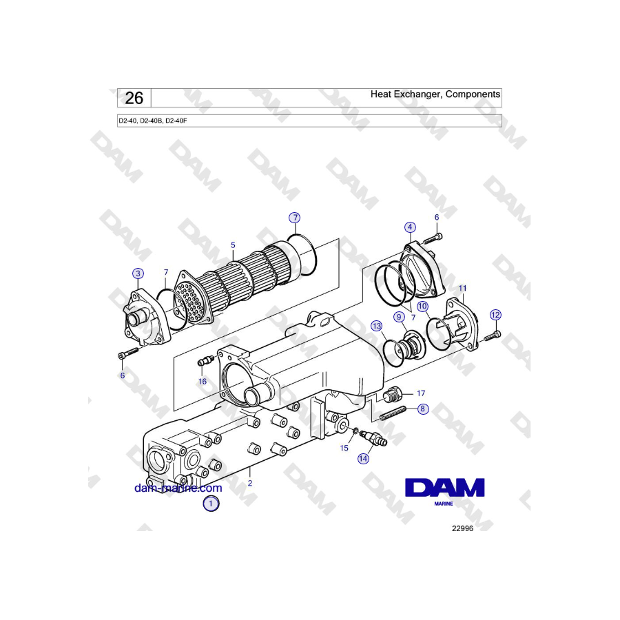 Volvo Penta D2-40, D2-40B, D2-40F - Intercambiador de calor, componentes