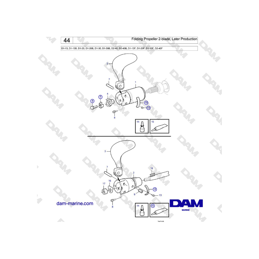 Volvo Penta D2-40, D2-40B, D2-40F - Folding Propeller 2-blade, Later Production