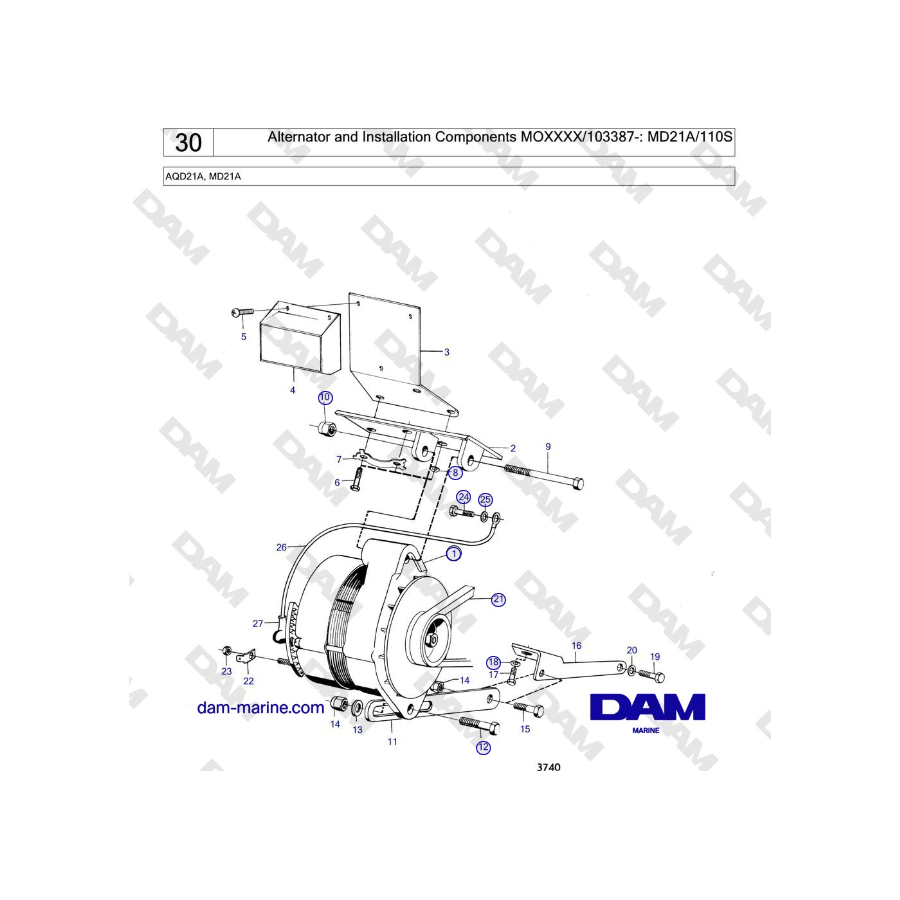 Volvo Penta MD21A - Alternatore e componenti di installazione MOXXXX/103387-: MD21A/110S