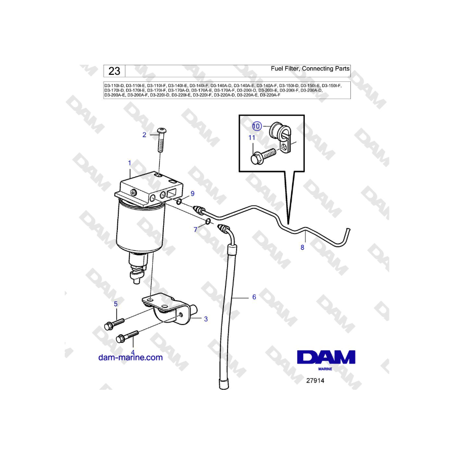 Volvo Penta D3-220A-F - Filtro carburante, parti di collegamento