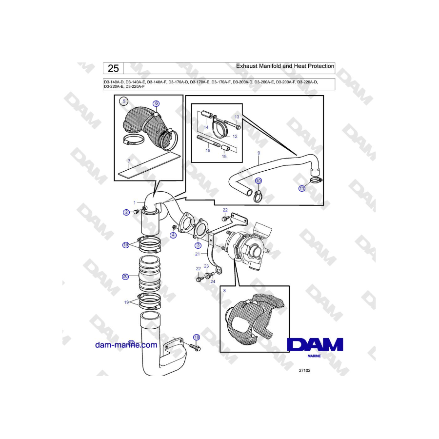 Volvo Penta D3-220A-F - Colector de escape y protección térmica