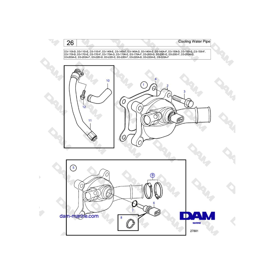 Volvo Penta D3-220A-F - Tubería de agua de refrigeración