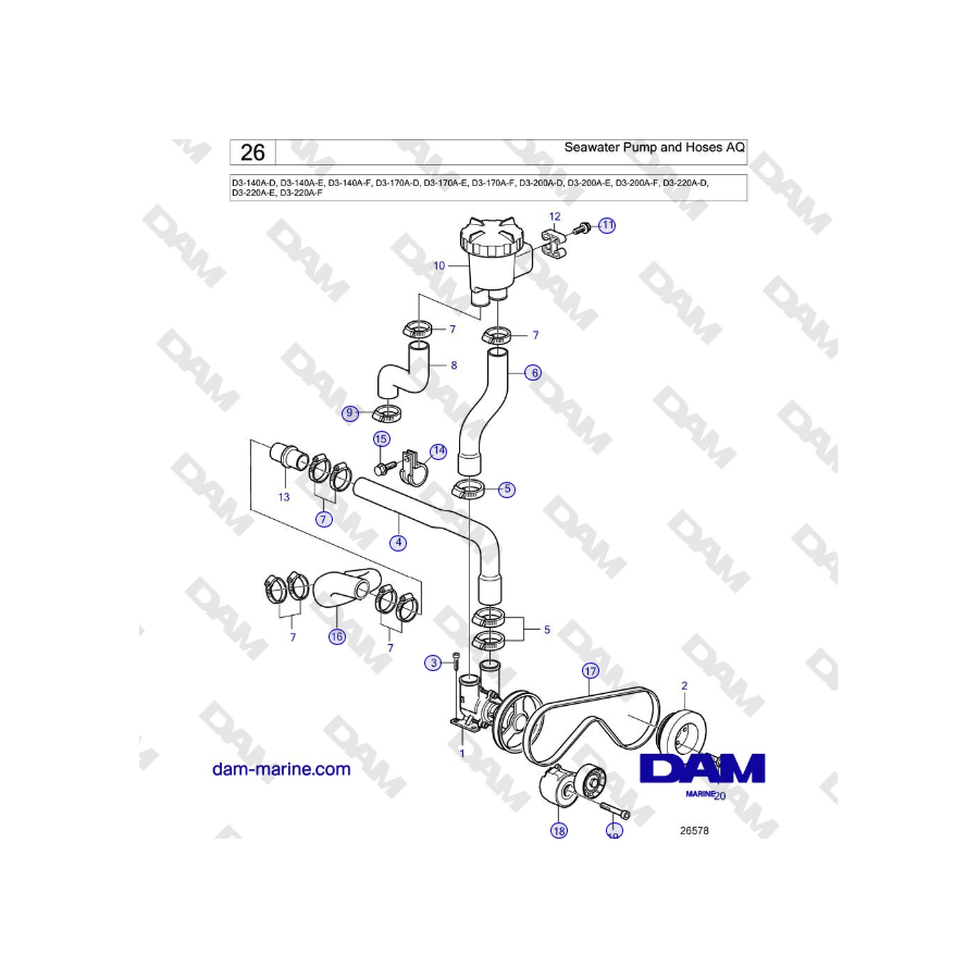 Volvo Penta D3-220A-F - Pompa e tubi acqua di mare AQ