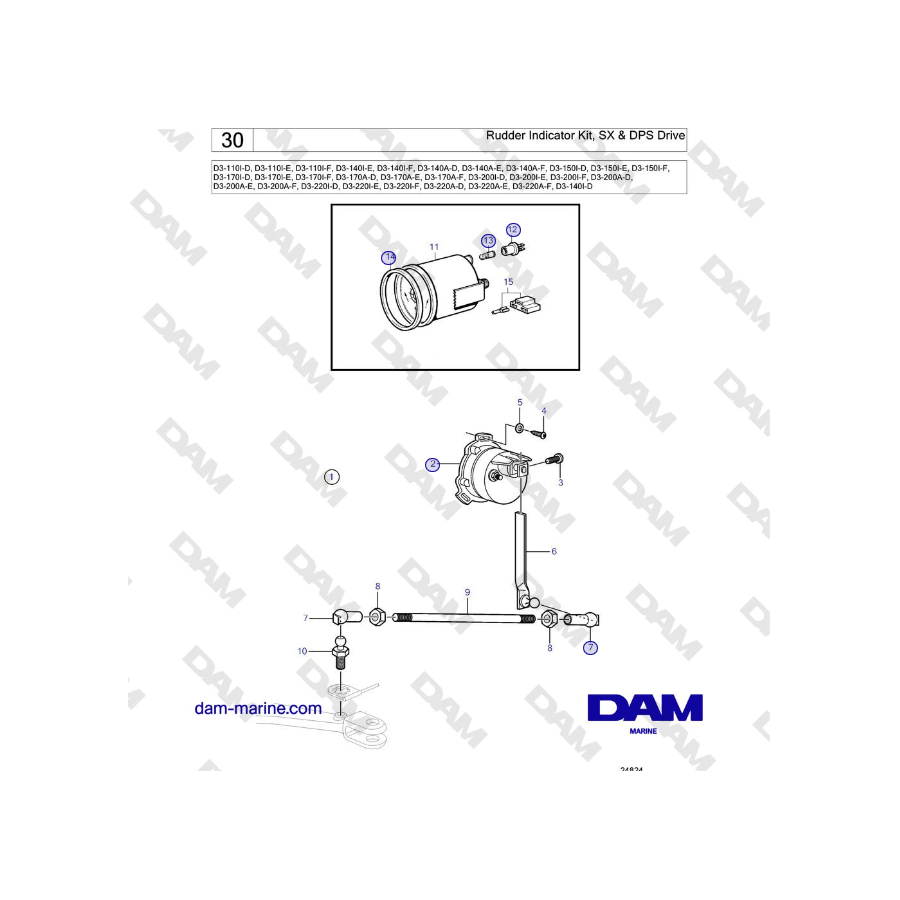 Volvo Penta D3-220A-F - Kit de indicador de timón, transmisión SX y DPS