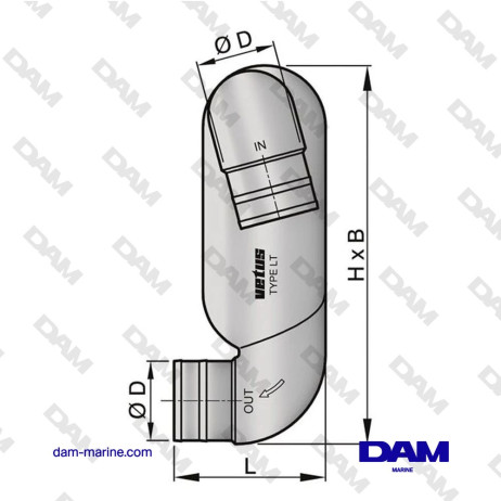 Cuello de cisne sintético tipo LT65 con entrada Ø 65 mm y salida Ø 75 mm